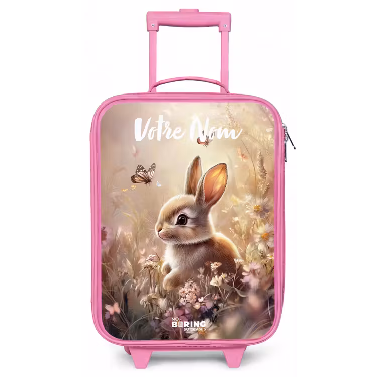 Valise enfant avec nom - Rose - Lapin - Marron - Fleurs - Papillons — 1