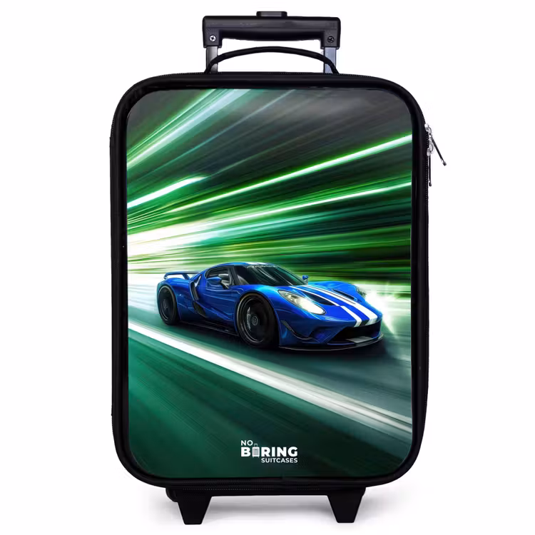Valise enfant - Voiture de course bleue avec des rayures dans un tunnel vert — 1