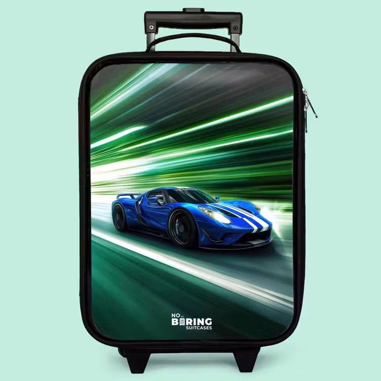 Valise enfant - Voiture de course bleue avec des rayures dans un tunnel vert — 3