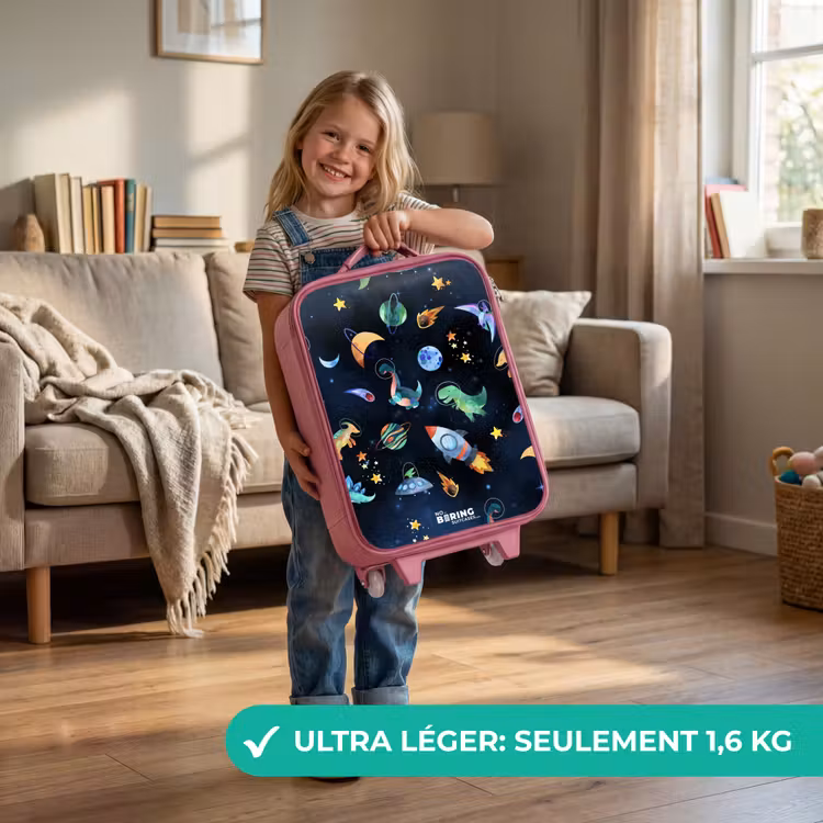 Valise enfant - Rose - Dinosaures et planètes sur fond sombre — 3