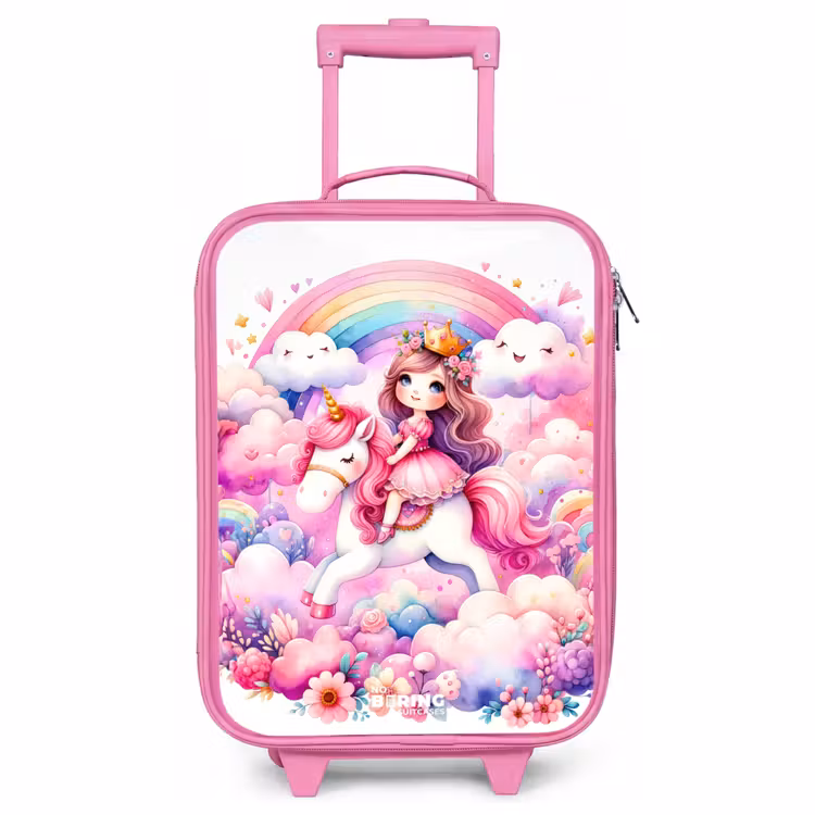 Valise enfant - Rose - Princesse sur une licorne près d'un arc-en-ciel — 1