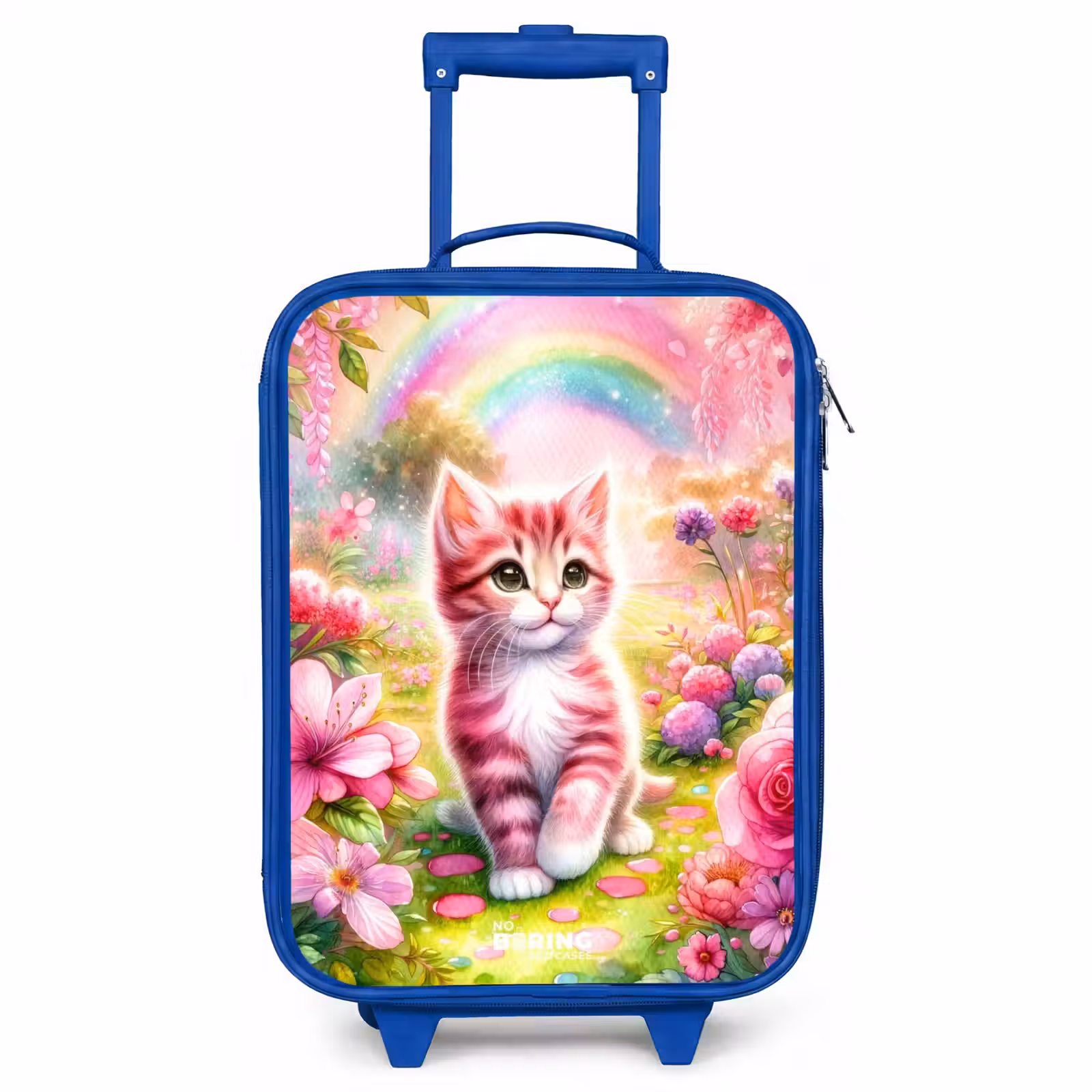 Valise enfant - Bleu - Chaton avec arc-en-ciel et fleurs — 1