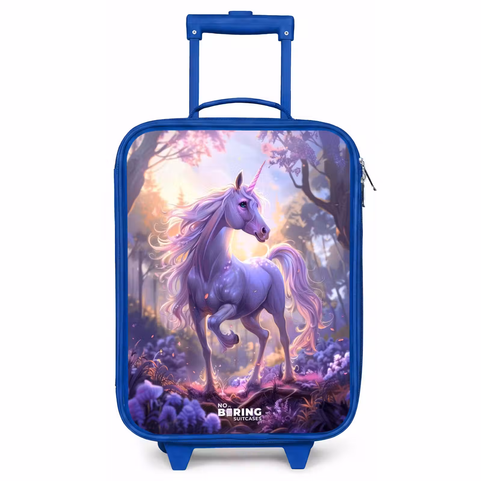 Valise enfant - Bleu - Portrait d'une licorne parmi des fleurs violettes — 1