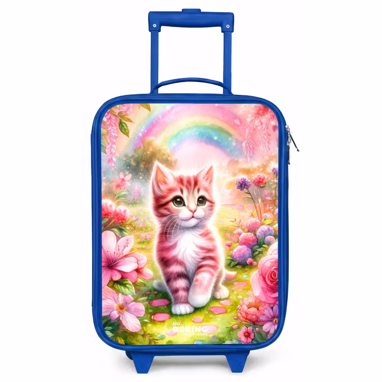 Valise enfant - Bleu - Chaton avec arc-en-ciel et fleurs — 1