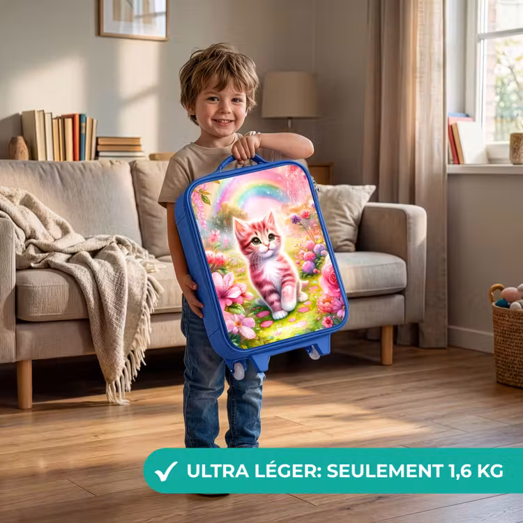 Valise enfant - Bleu - Chaton avec arc-en-ciel et fleurs — 3
