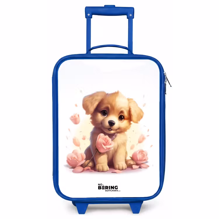 Valise enfant - Bleu - Chiot avec des fleurs roses — 1