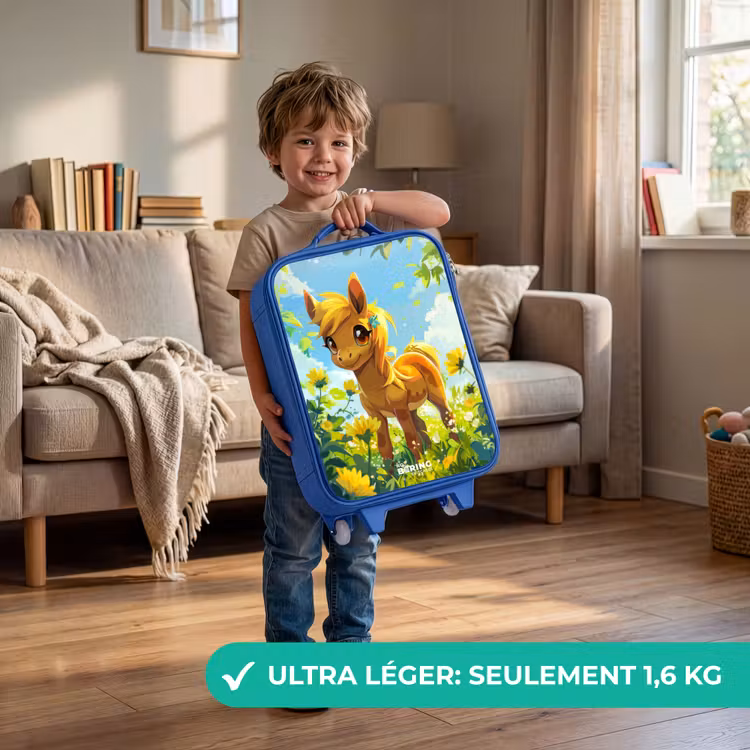 Valise enfant - Bleu - Franges brunes parmi les fleurs jaunes — 3