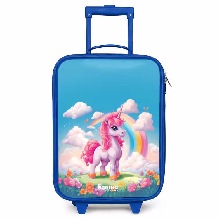 Valise enfant - Bleu - Licorne joyeuse devant un arc-en-ciel — 1