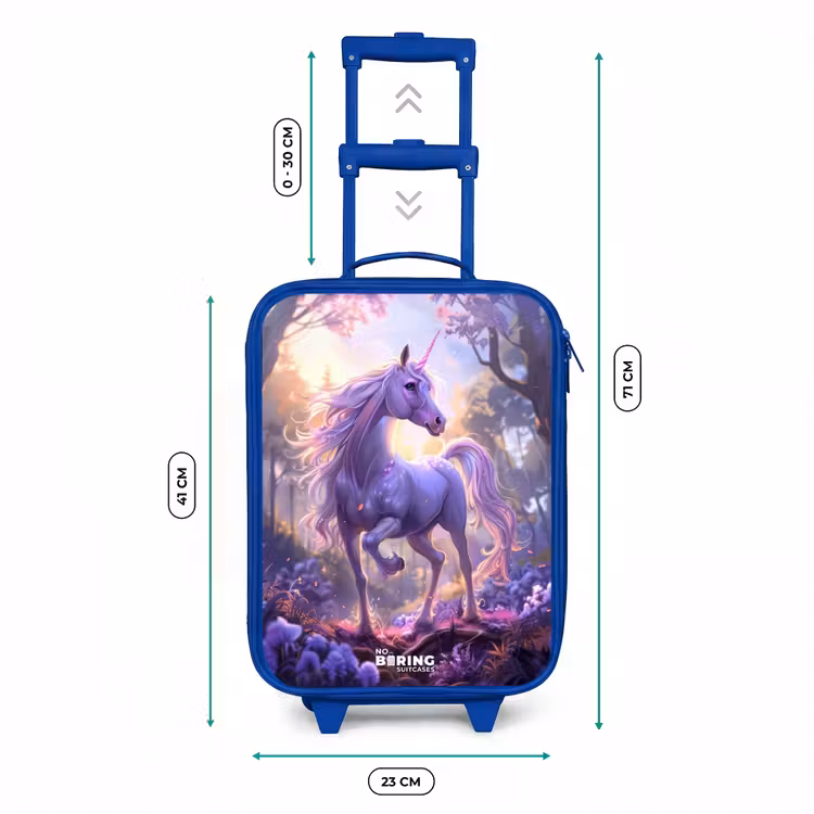 Valise enfant - Bleu - Portrait d'une licorne parmi des fleurs violettes — 6