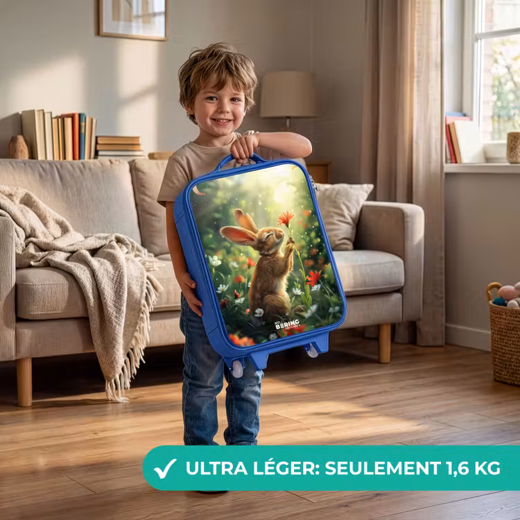 Valise enfant - Bleu - Vue latérale d'un lapin avec une fleur rouge — 3