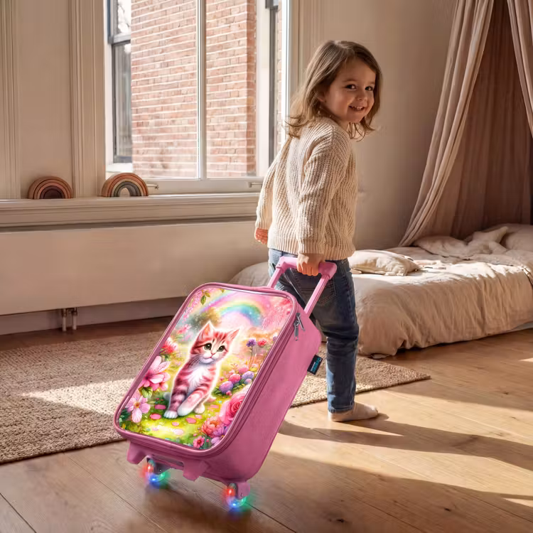Valise enfant - Rose - Chaton avec arc-en-ciel et fleurs — 2