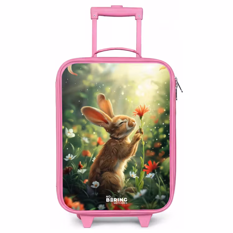 Valise enfant - Rose - Vue latérale d'un lapin avec une fleur rouge — 1