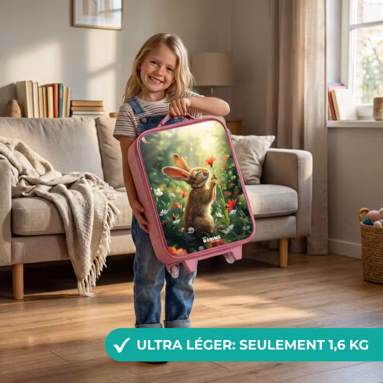 Valise enfant - Rose - Vue latérale d'un lapin avec une fleur rouge — 3