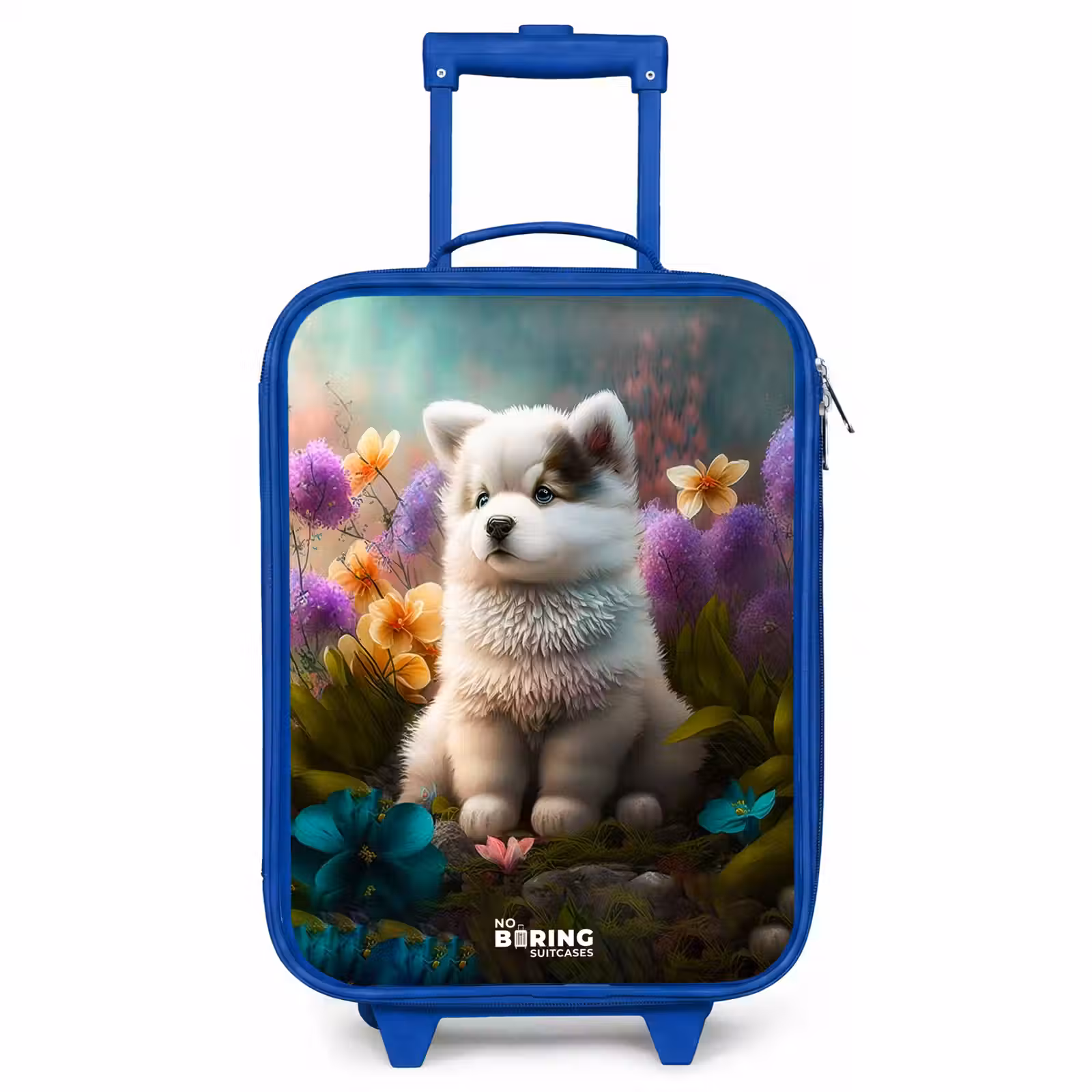 Valise enfant - Bleu - Chiot blanc dans un pré fleuri — 1