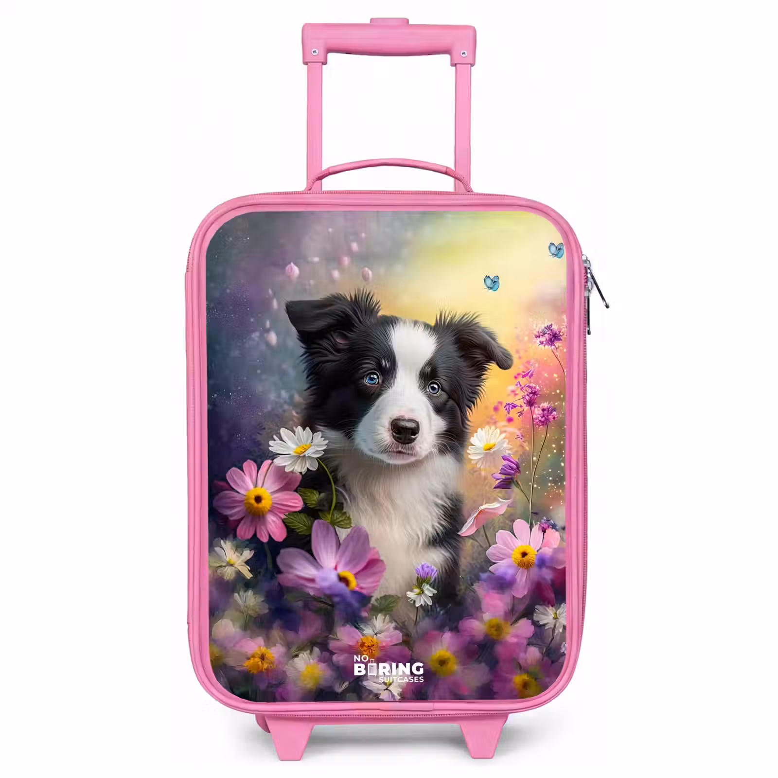 Valise enfant - Rose - chiot noir et blanc parmi des fleurs colorées — 1