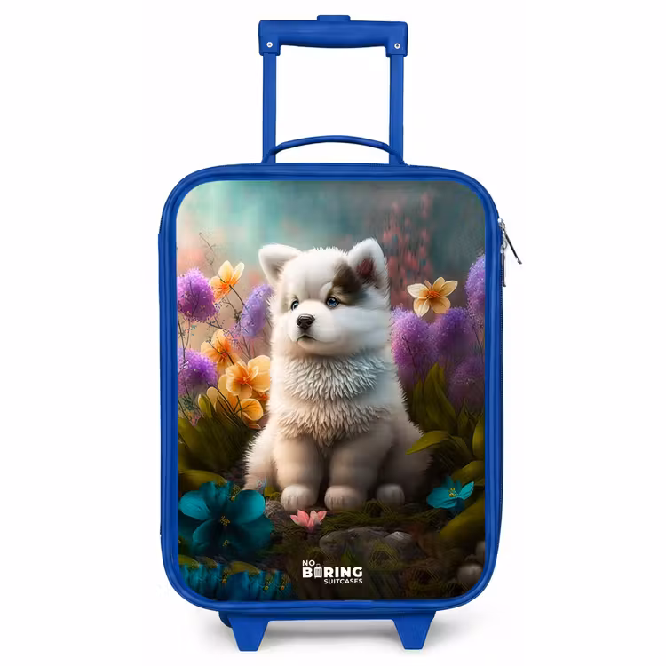 Valise enfant - Bleu - Chiot blanc dans un pré fleuri — 1