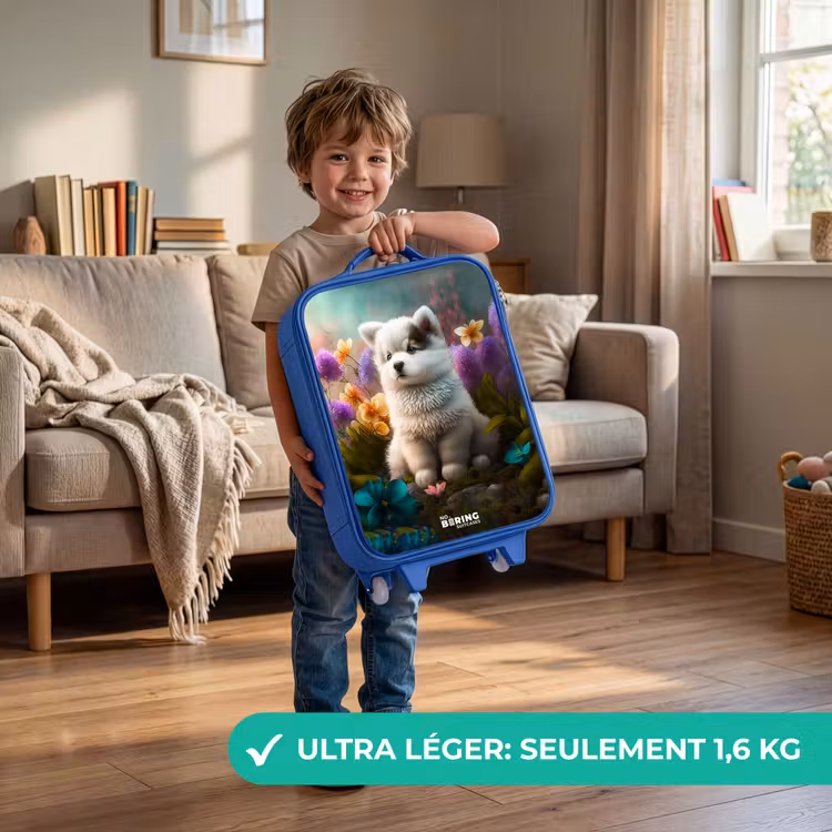 Valise enfant - Bleu - Chiot blanc dans un pré fleuri — 3