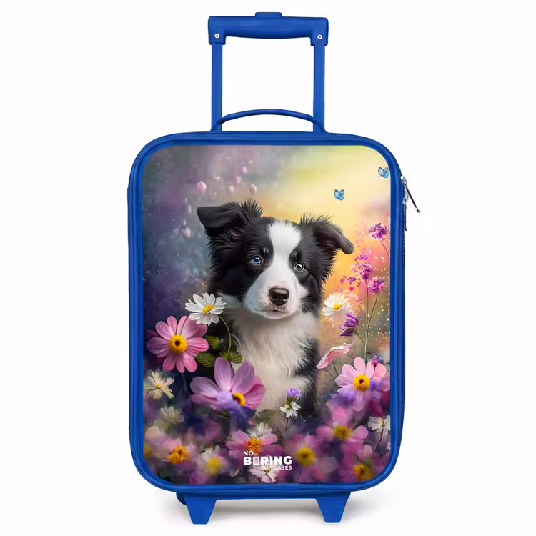 Valise enfant - Bleu - chiot noir et blanc parmi des fleurs colorées — 1
