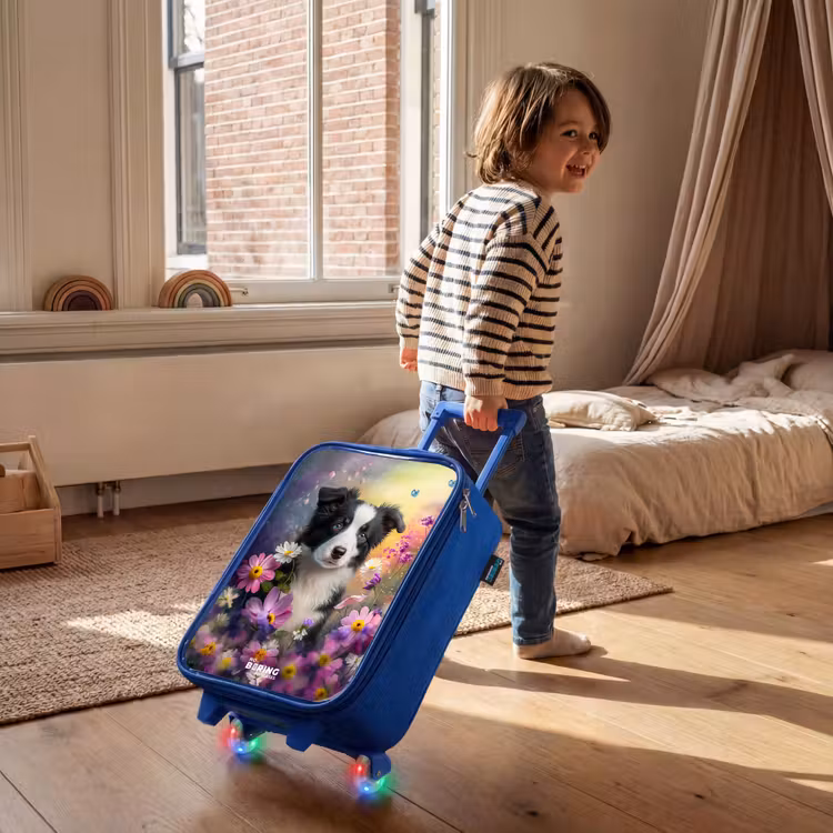 Valise enfant - Bleu - chiot noir et blanc parmi des fleurs colorées — 2