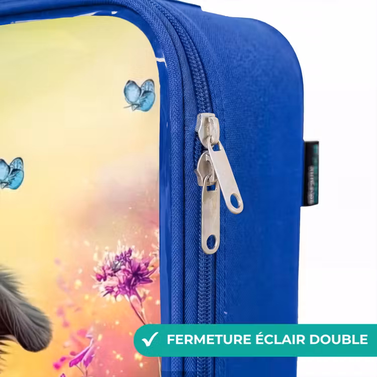 Valise enfant - Bleu - chiot noir et blanc parmi des fleurs colorées — 7