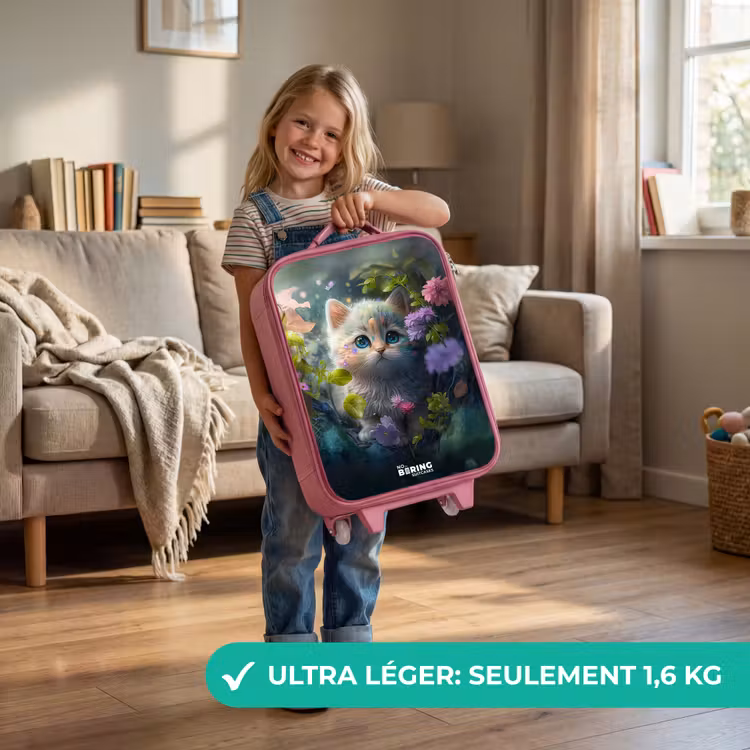 Valise enfant - Rose - Chaton se cachant derrière des fleurs — 3