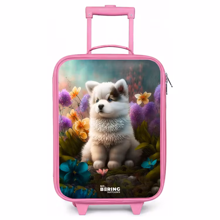 Valise enfant - Rose - Chiot blanc dans un pré fleuri — 1