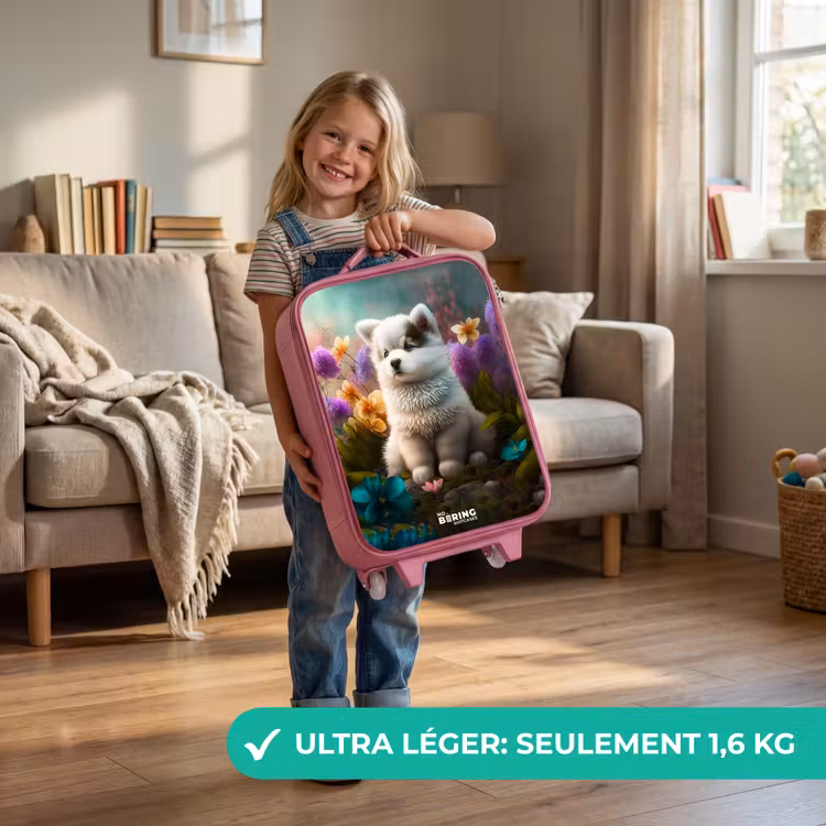 Valise enfant - Rose - Chiot blanc dans un pré fleuri — 3