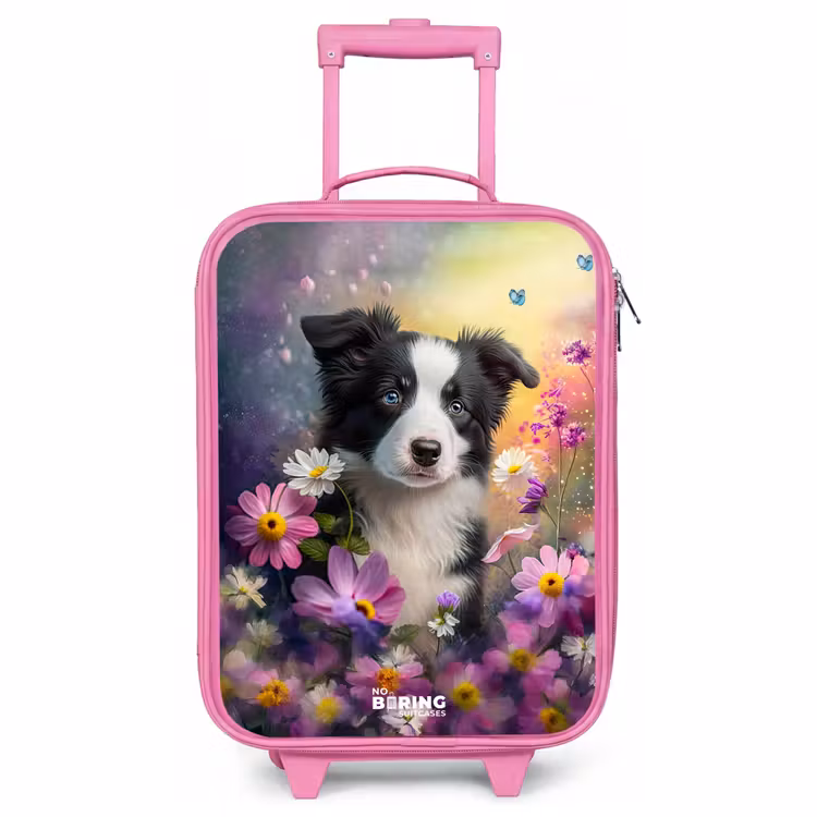 Valise enfant - Rose - chiot noir et blanc parmi des fleurs colorées — 1