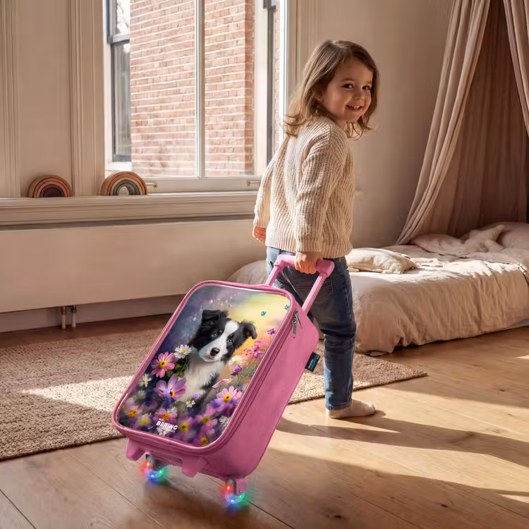 Valise enfant - Rose - chiot noir et blanc parmi des fleurs colorées — 2