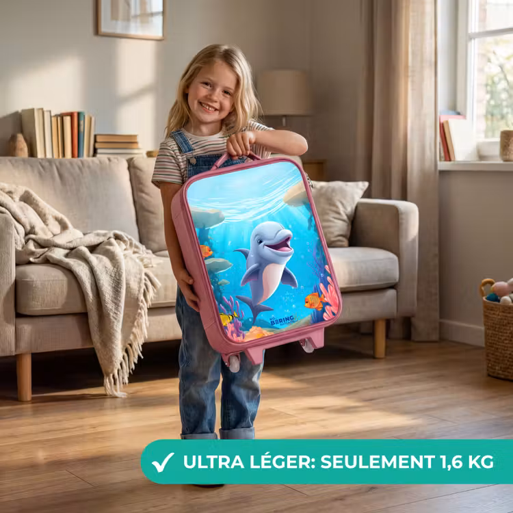 Valise enfant - Rose - Dauphin avec poissons tropicaux et corail — 3