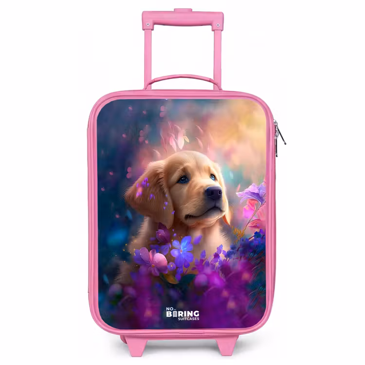 Valise enfant - Rose - Jeune chien parmi des fleurs aux couleurs vives — 1