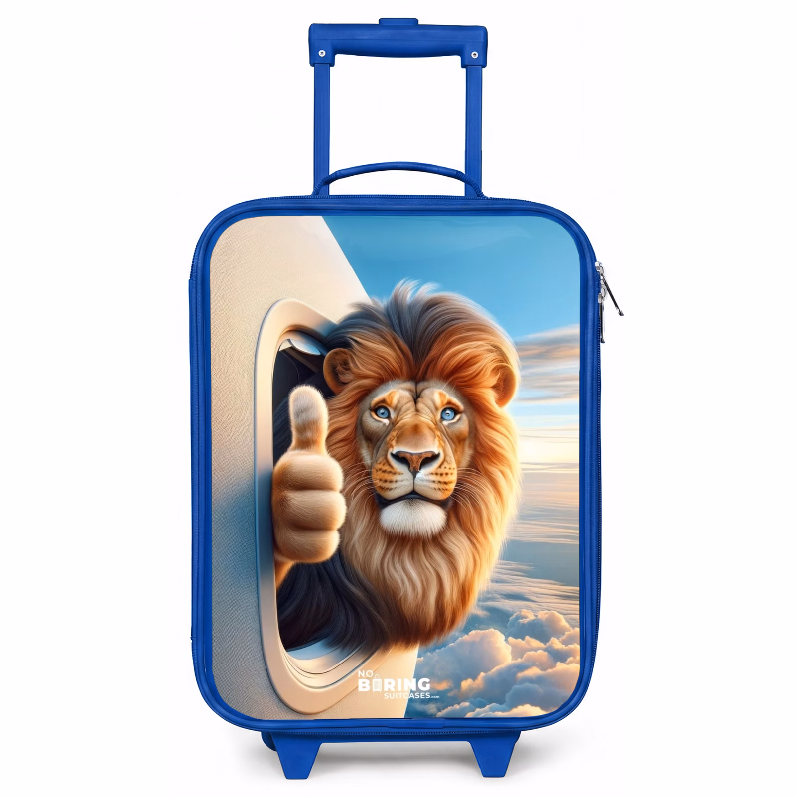Valise enfant - Bleu - Lion par le hublot d'un avion avec le pouce levé — 1