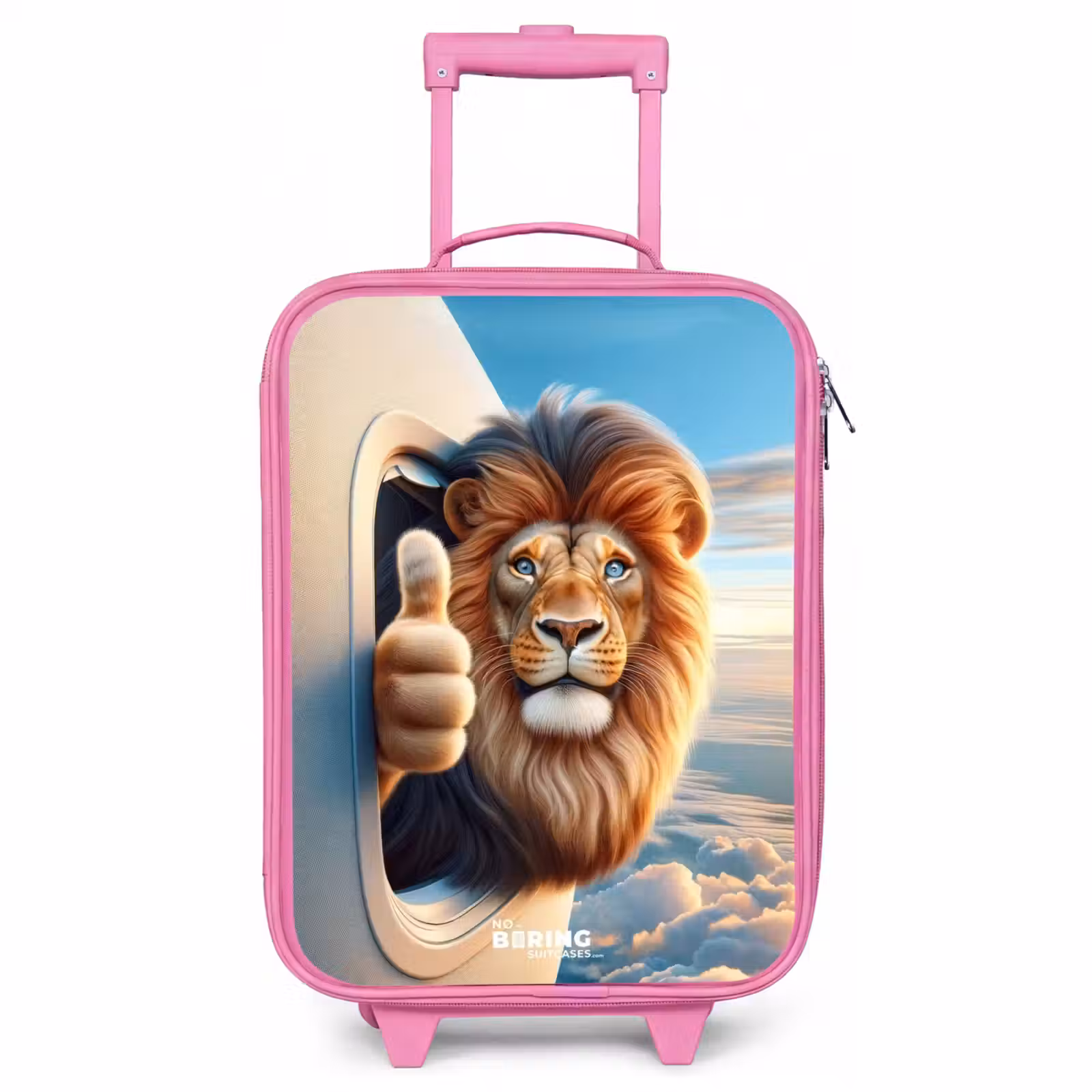 Valise enfant - Rose - Lion par le hublot d'un avion avec le pouce levé — 1