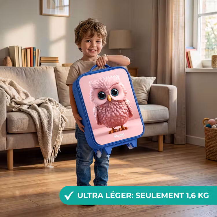 Valise enfant - Bleu - Hibou rose aux yeux bleus — 3