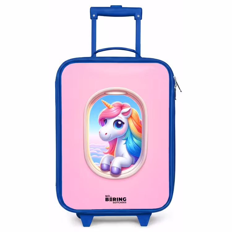 Valise enfant - Bleu - Licorne colorée vue d'un hublot d'avion — 1