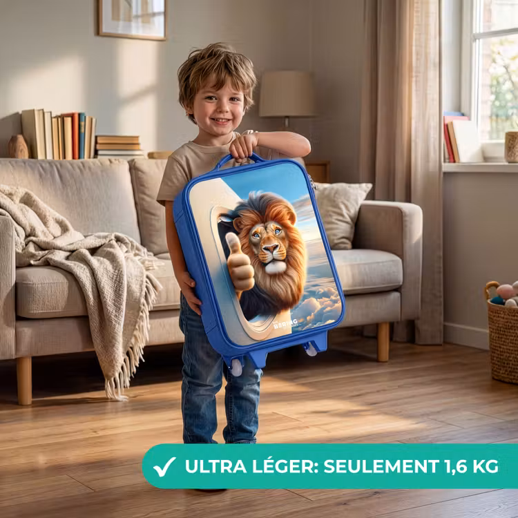 Valise enfant - Bleu - Lion par le hublot d'un avion avec le pouce levé — 3