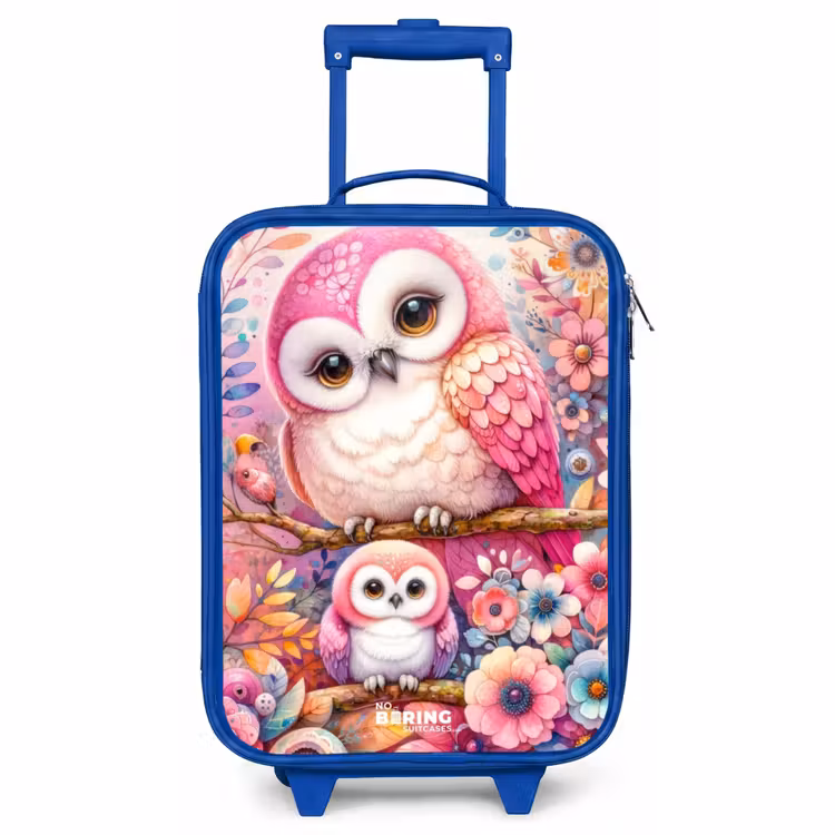 Valise enfant - Bleu - Mère chouette avec son poussin parmi des fleurs colorées — 1