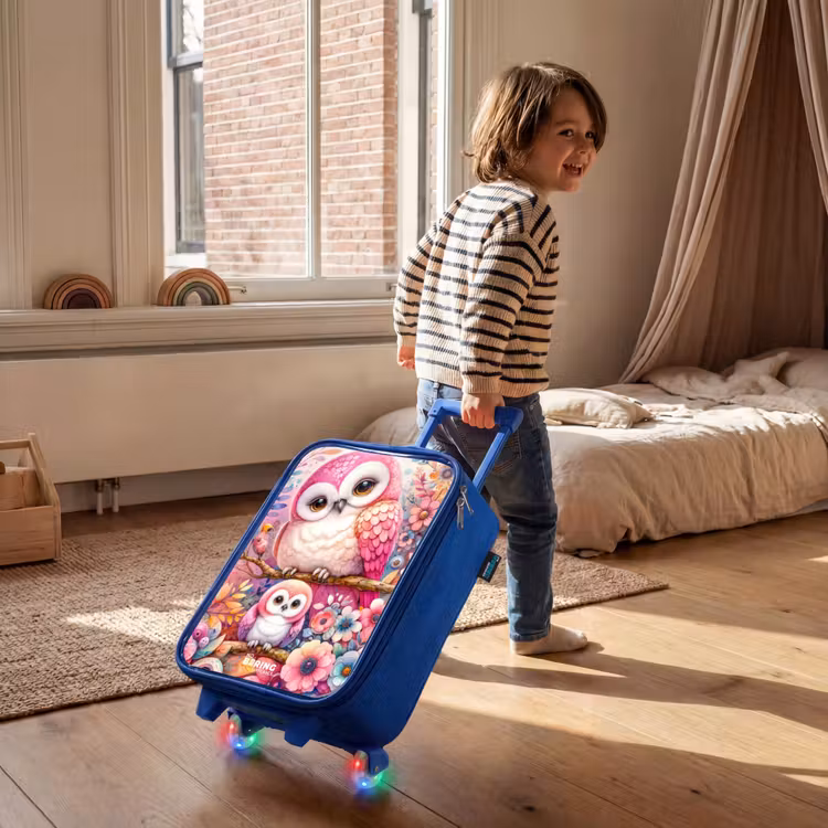 Valise enfant - Bleu - Mère chouette avec son poussin parmi des fleurs colorées — 2