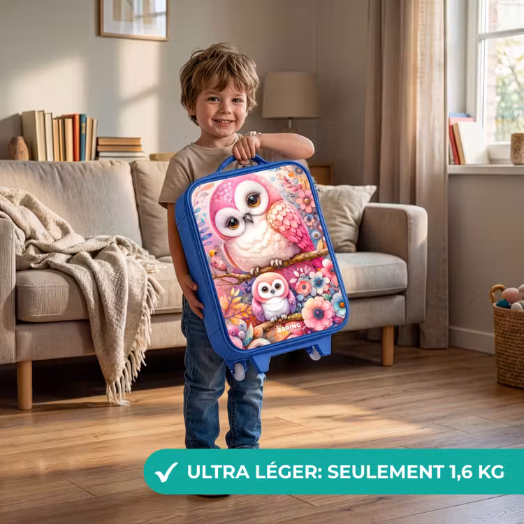 Valise enfant - Bleu - Mère chouette avec son poussin parmi des fleurs colorées — 3