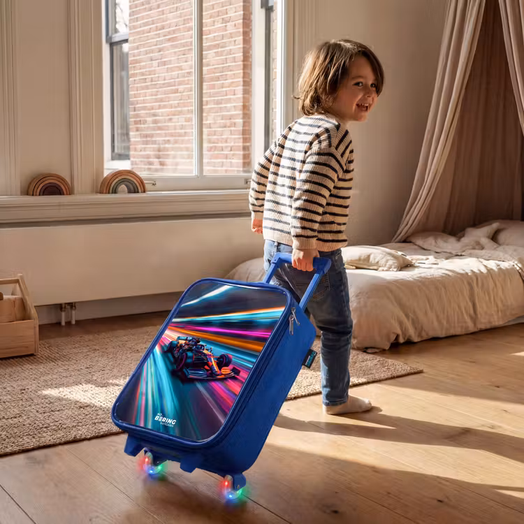Valise enfant - Bleu - Voiture de course avec pistes lumineuses colorées — 2