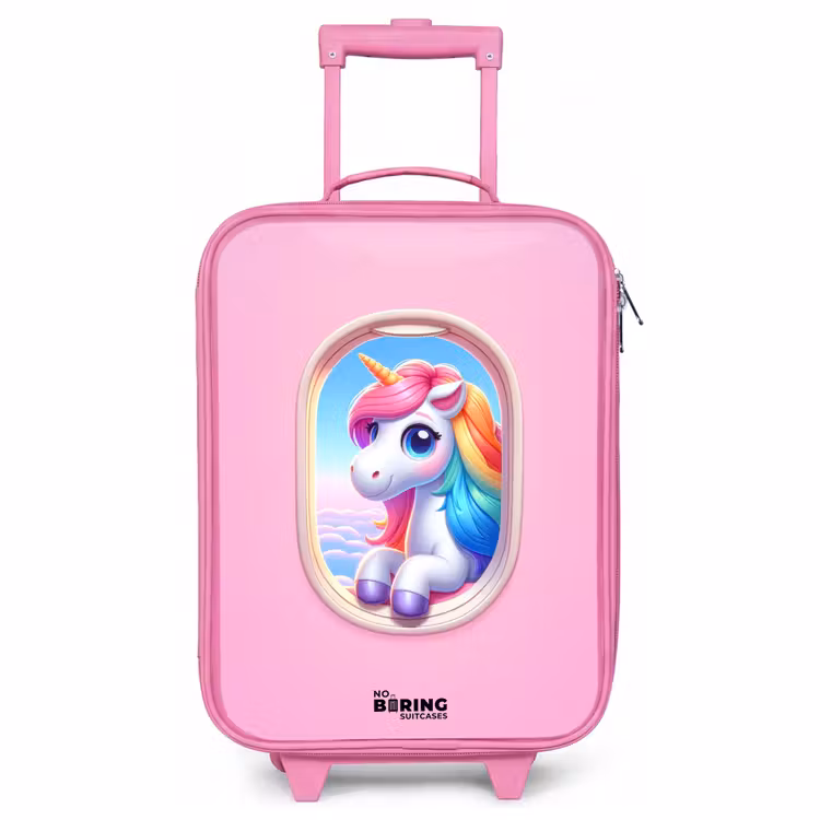Valise enfant - Rose - Licorne colorée vue d'un hublot d'avion — 1