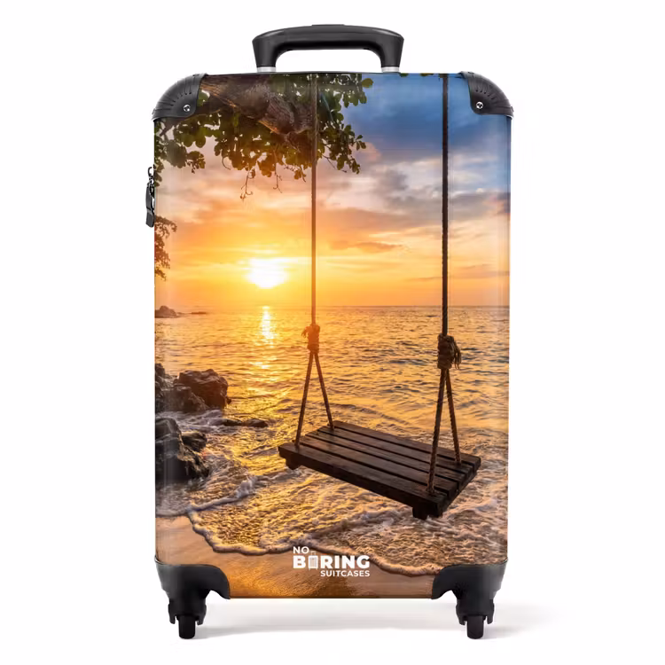Valise - Balançoire - Plage - Coucher de soleil - Nature - Orange — 1