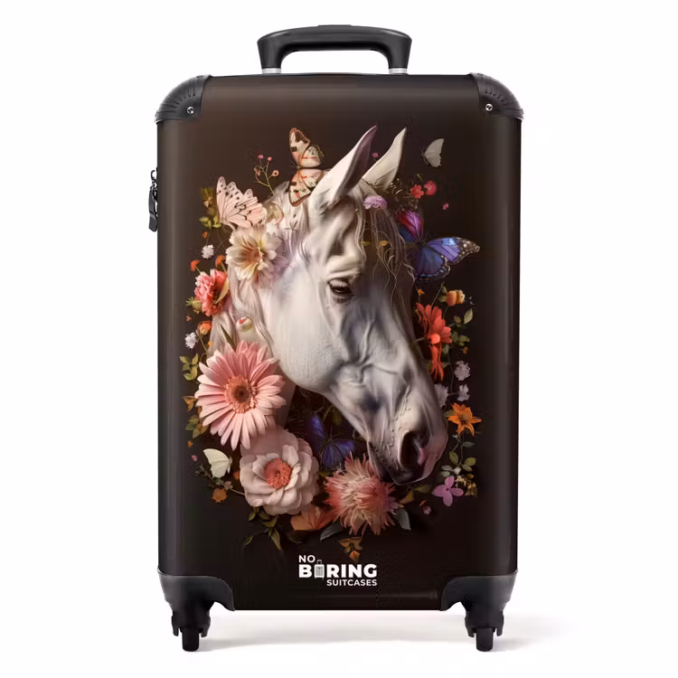 Valise - Tête de cheval blanc parmi une guirlande de fleurs colorées — 1
