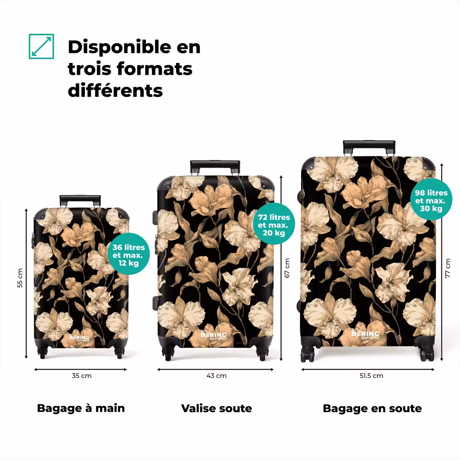 Valise - Orchidées - Dessin au trait - Motif - Beige - Noir — 1