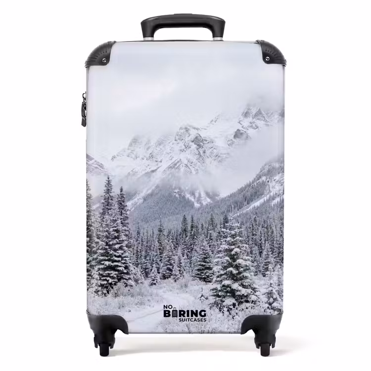 Valise - Route - Montagnes - Neige - Forêt de conifères - Aventure — 1