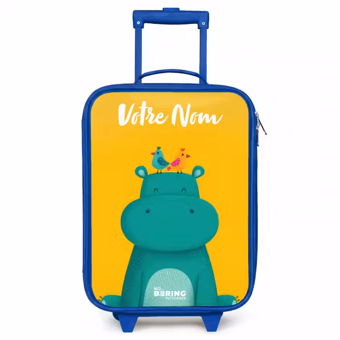 Valise enfant avec nom - Bleu - Hippo - Oiseaux - Jaune