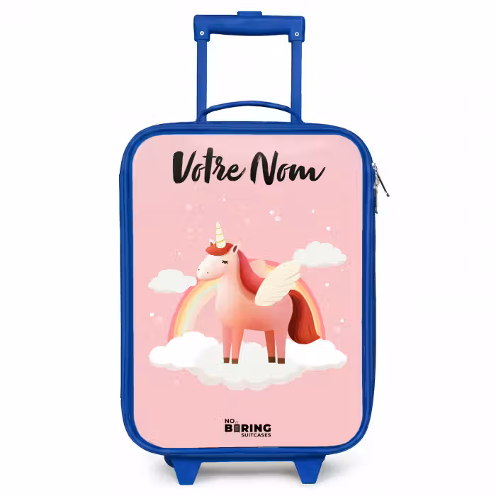 Valise enfant avec nom - Bleu - Licorne - Ailes - Rose - Arc-en-ciel
