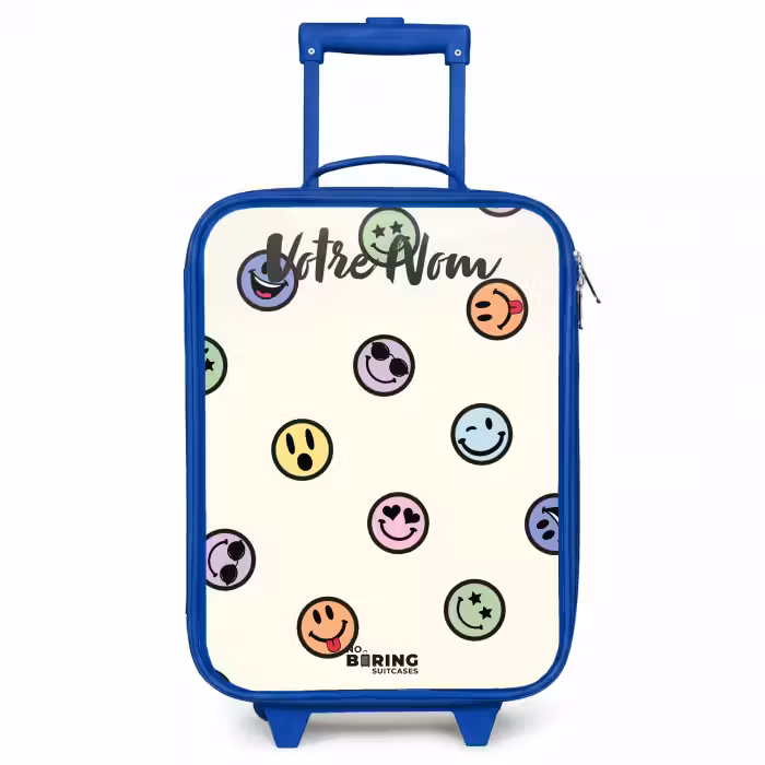 Valise enfant avec nom - Bleu - Mélange de smileys espiègles