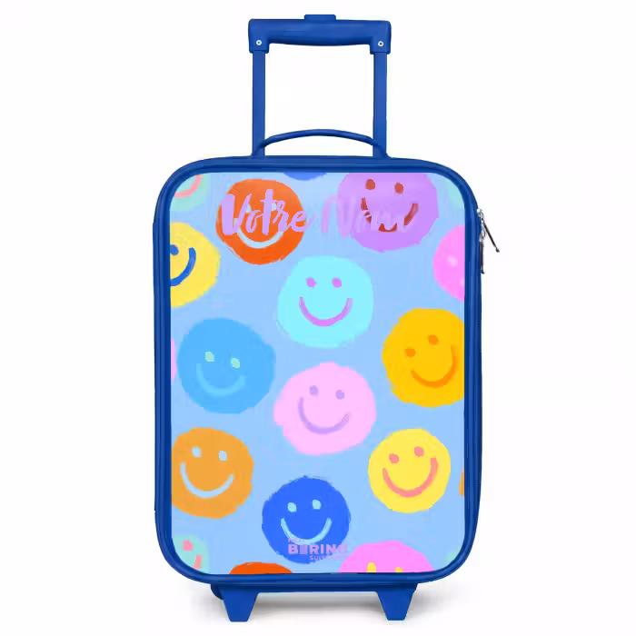 Valise enfant avec nom - Bleu - Motif joyeux de smileys
