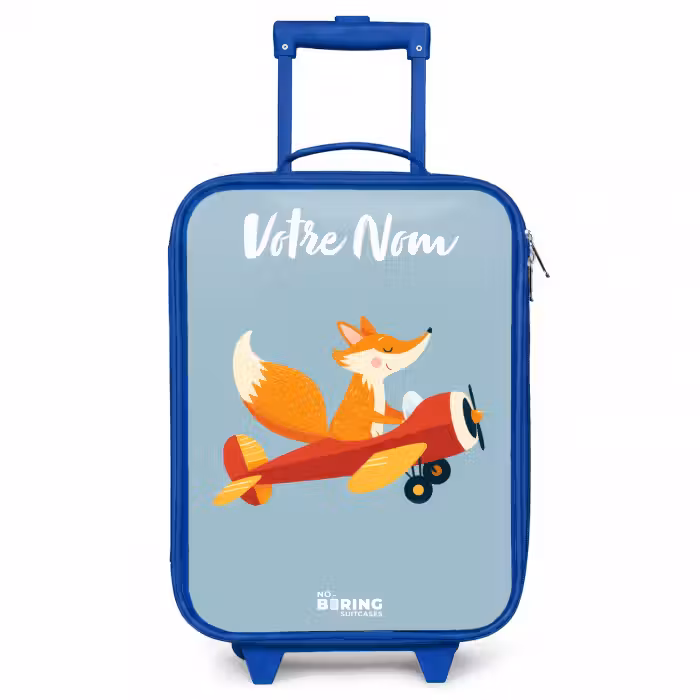 Valise enfant avec nom - Bleu - Renard - Avion - Mouches